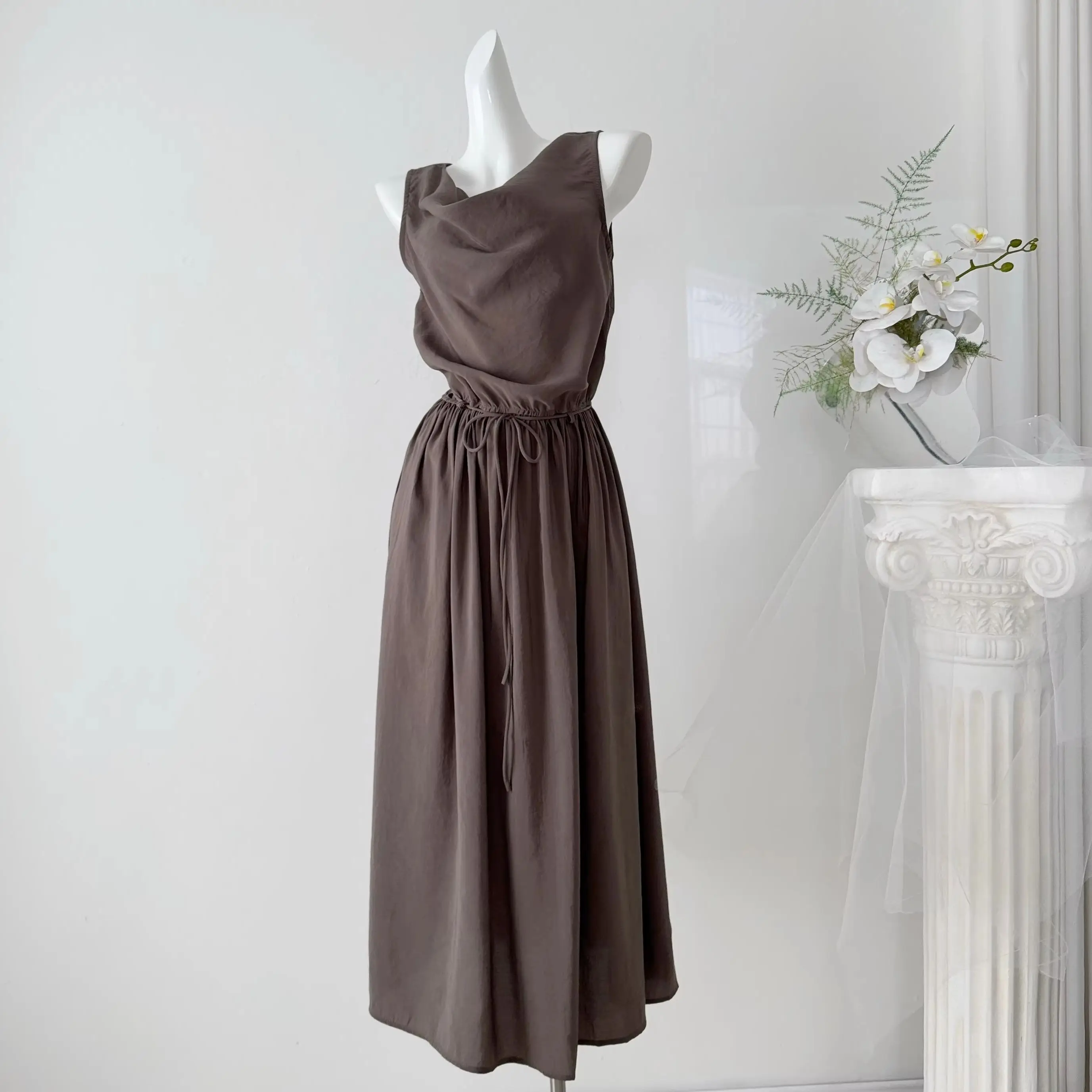 Minimalism Sleeveless Tank Dress Women Summer Casual Korean Fashion Swing Collar Shirt Dress Bandage Drawstring Waist Long Dress