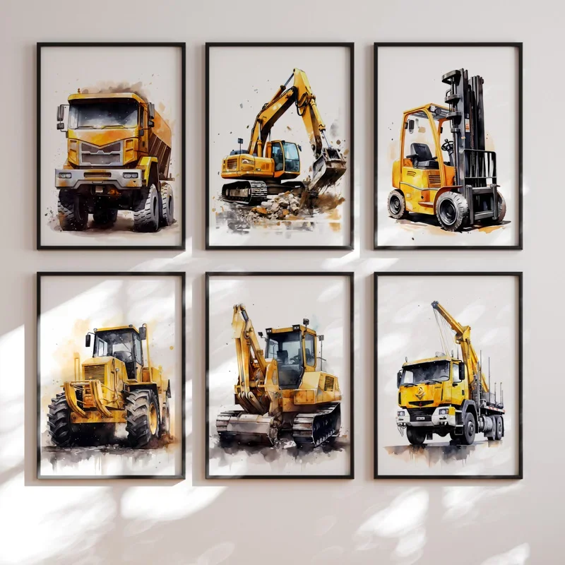 Vehículo de construcción, camión, niños, guardería, arte de pared, lienzo, pintura de acuarela, imagen imprimible, póster, decoración de sala de juegos para bebés y niños