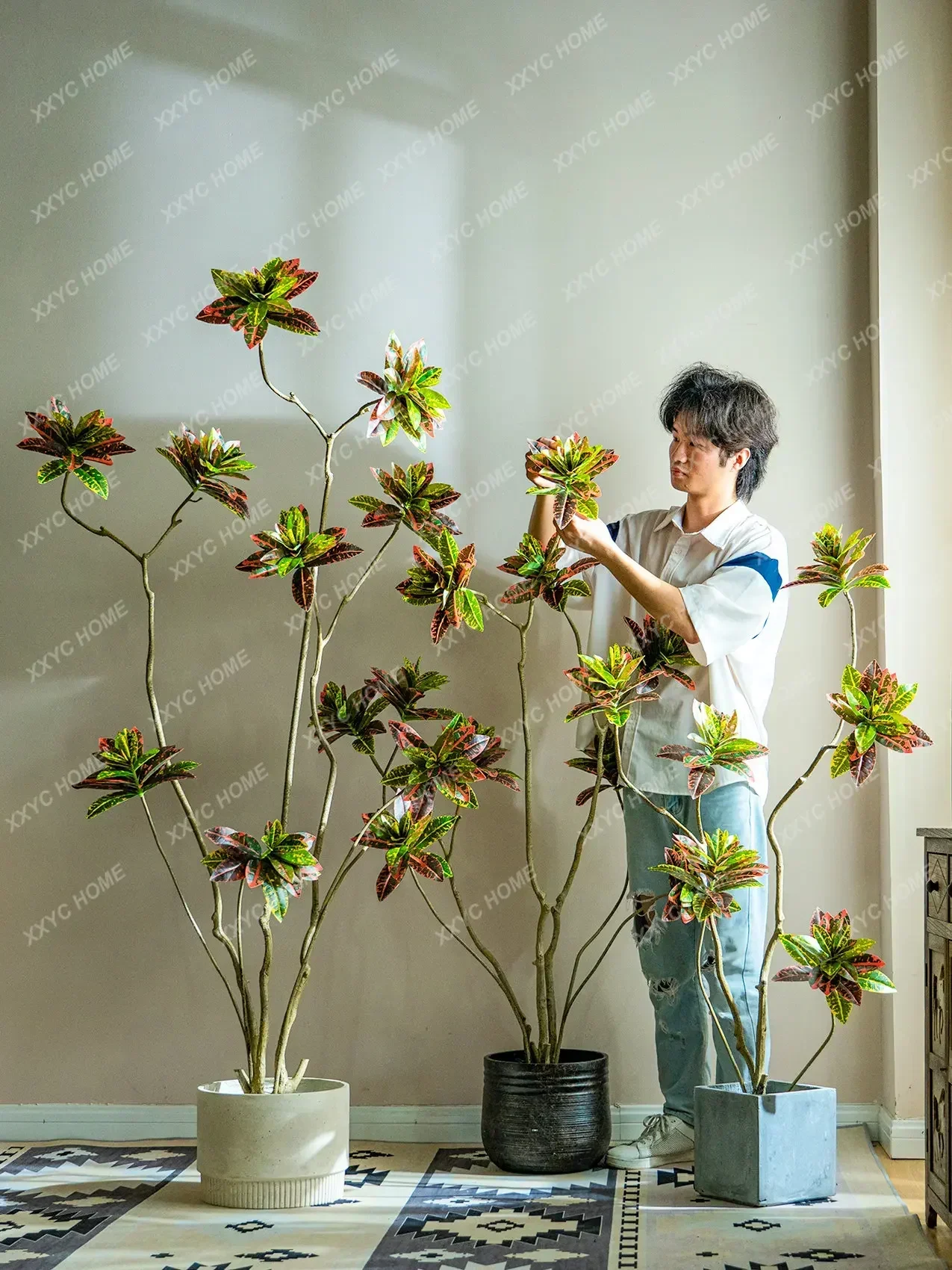 Large Artificial Green Plant Codiaeum Variegatum Indoor Living Room Floor Bonsai Bionic Plant Landscape Fake Trees Decorative