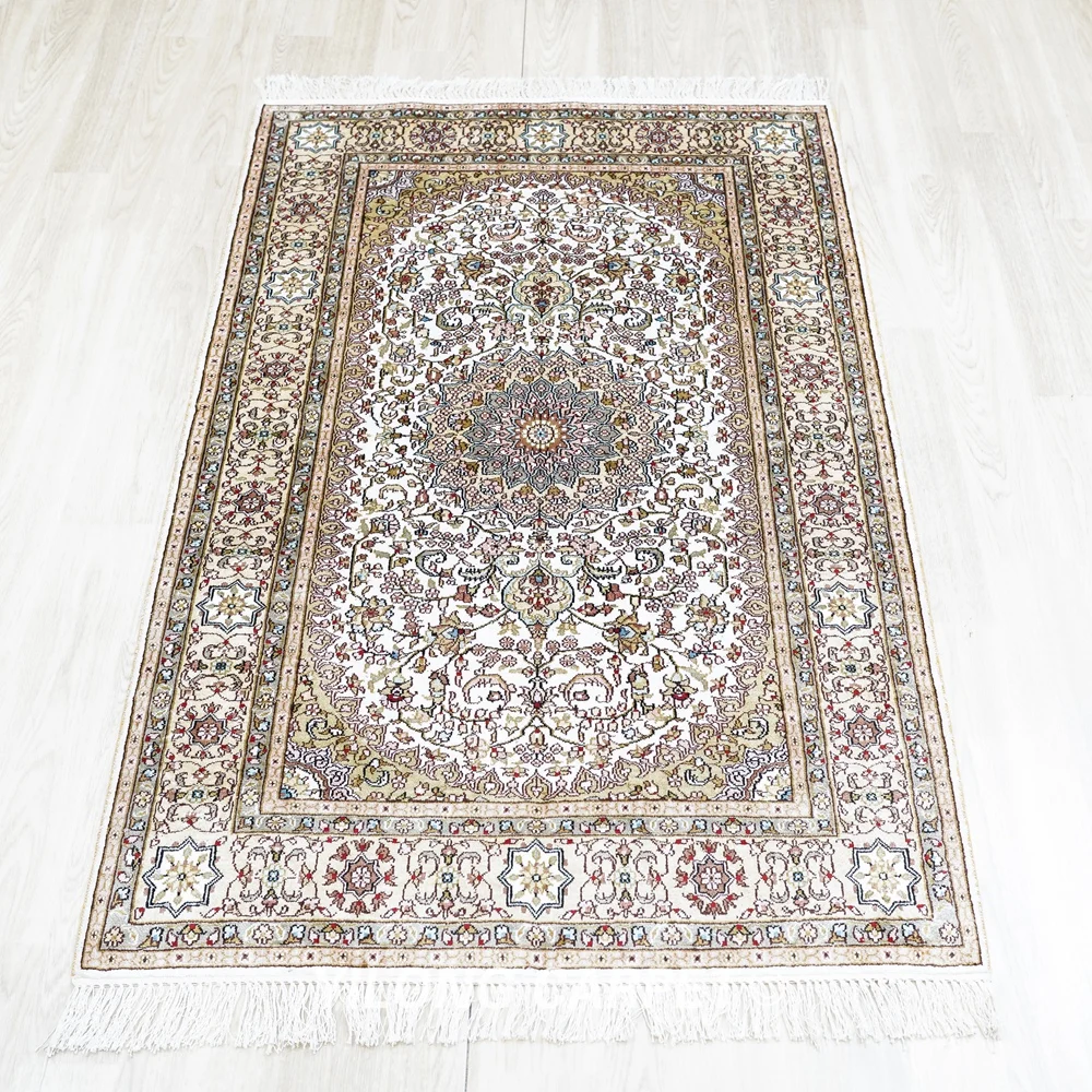 91x152cm Tabriz Silk Carpet Beige Hand Knotted Small Turkish Rugs (YJH077B)