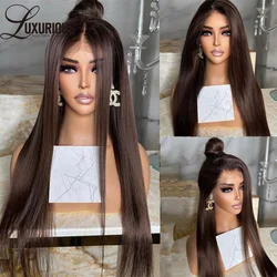 Peluca de cabello humano liso para mujeres negras, postizo de encaje Frontal, color marrón oscuro, 30, 32 pulgadas, 13x6