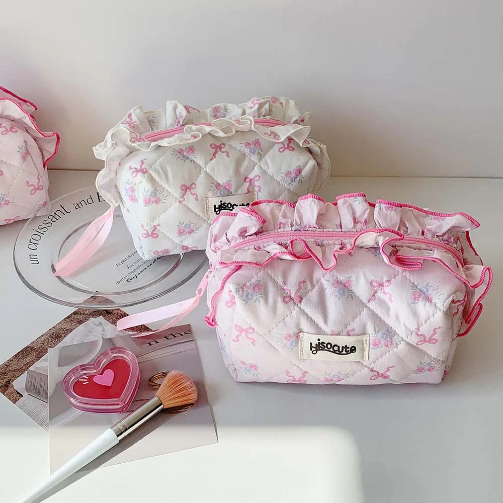 

Bowknot Bow Cosmetic Bag Desktop Storage Wrinkled Edge Korean Style Pencil Case Large Capacity Ins Style Bow Stationery Bag