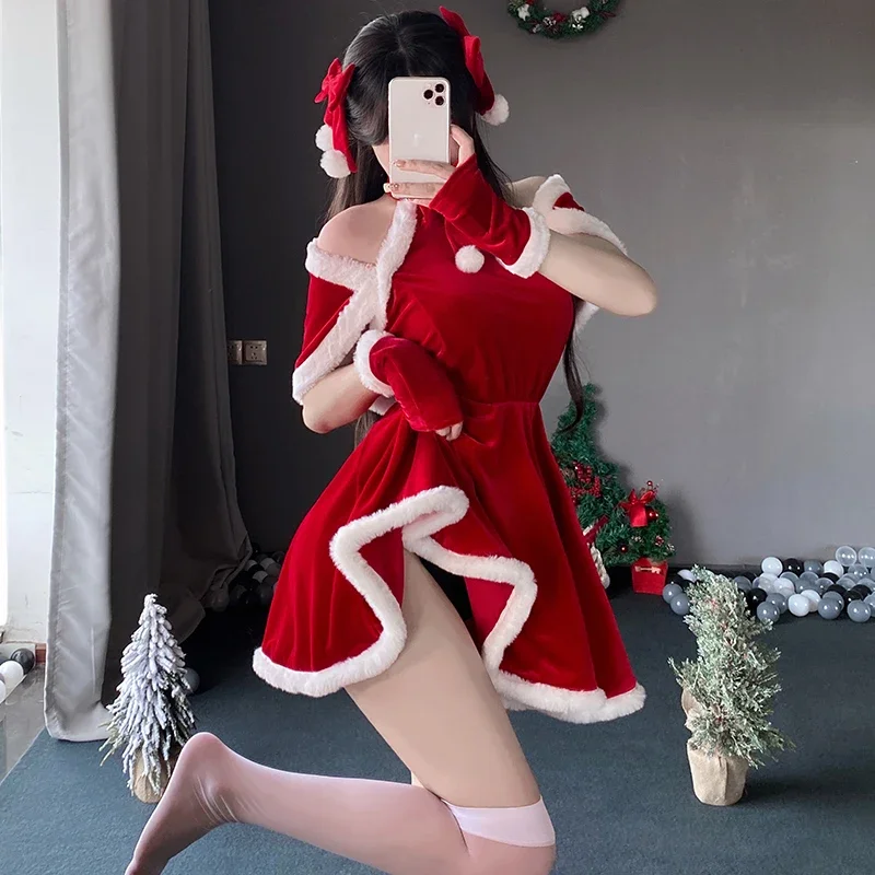 Christmas Sexy Plush Dress Bunny Girl Uniform Cosplay Costume Velvet New Year Red Nightdress Role Play Outfits Underwear Girl