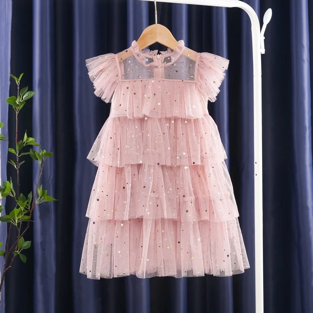 Baby Girl Clothes Infant Stars Sequined Princess Dress Toddler Polka Dot Ruffle Flying Sleeve Mesh Dresses Children Outrfits