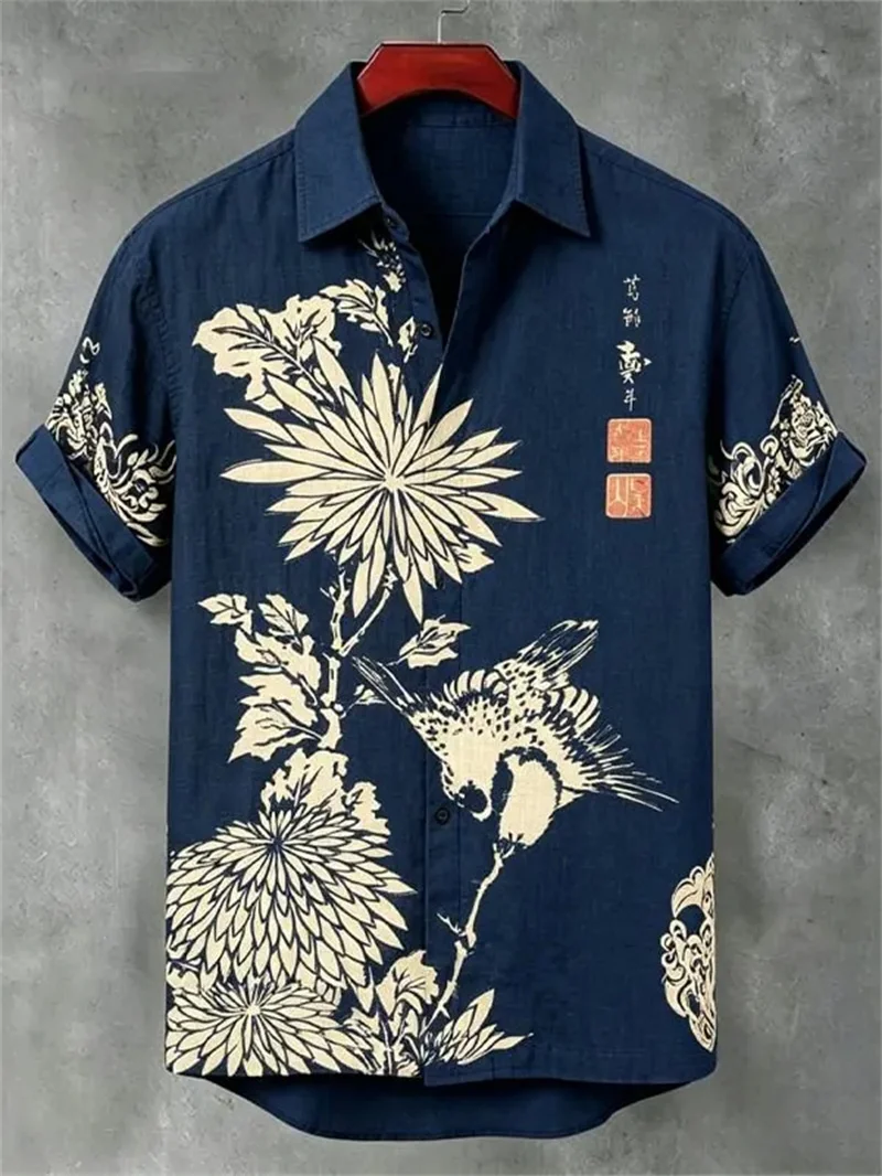 New retro and stylish shirt with giant waves, sunset, coconut tree splicing, printed casual short sleeved shirt