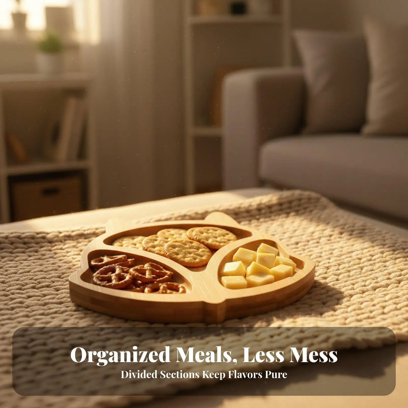 Wooden Cartoon Plate for Children with Suction Base Divided Bamboo Tray Animal Design for Mess Free Toddler Dining