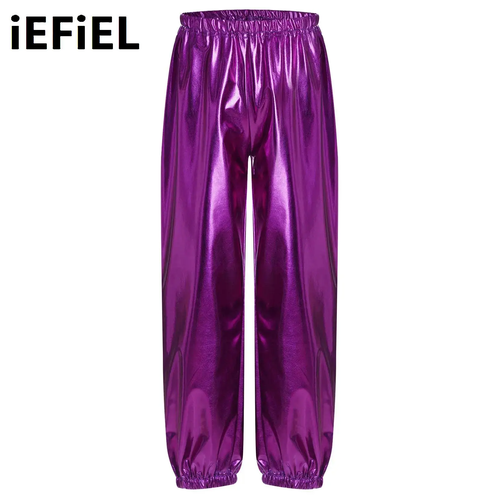 

Kids Boys Girls Metallic Jazz Pants Elastic Waistband Shiny Trousers for Dance Cheerleading Stage Performance