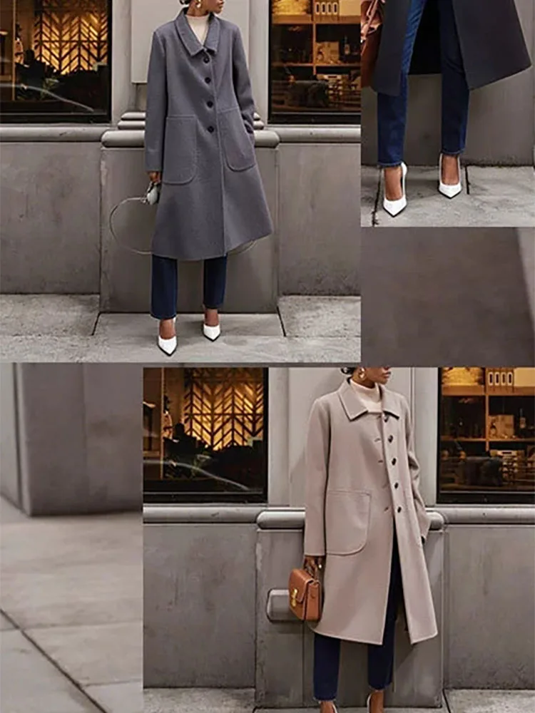 Cappotto elegante stile pendolare OL Cappotto da donna con bottoni bavero alla moda Giacca spessa di media lunghezza Cappotto casual con tasca in tinta unita a maniche lunghe