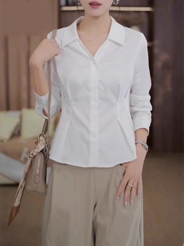 

plus Size Premium Feel Chiffon White Shirt Women's 2025 Autumn New Style Slim Fit Long Sleeve Collar Top Moisture Wicking