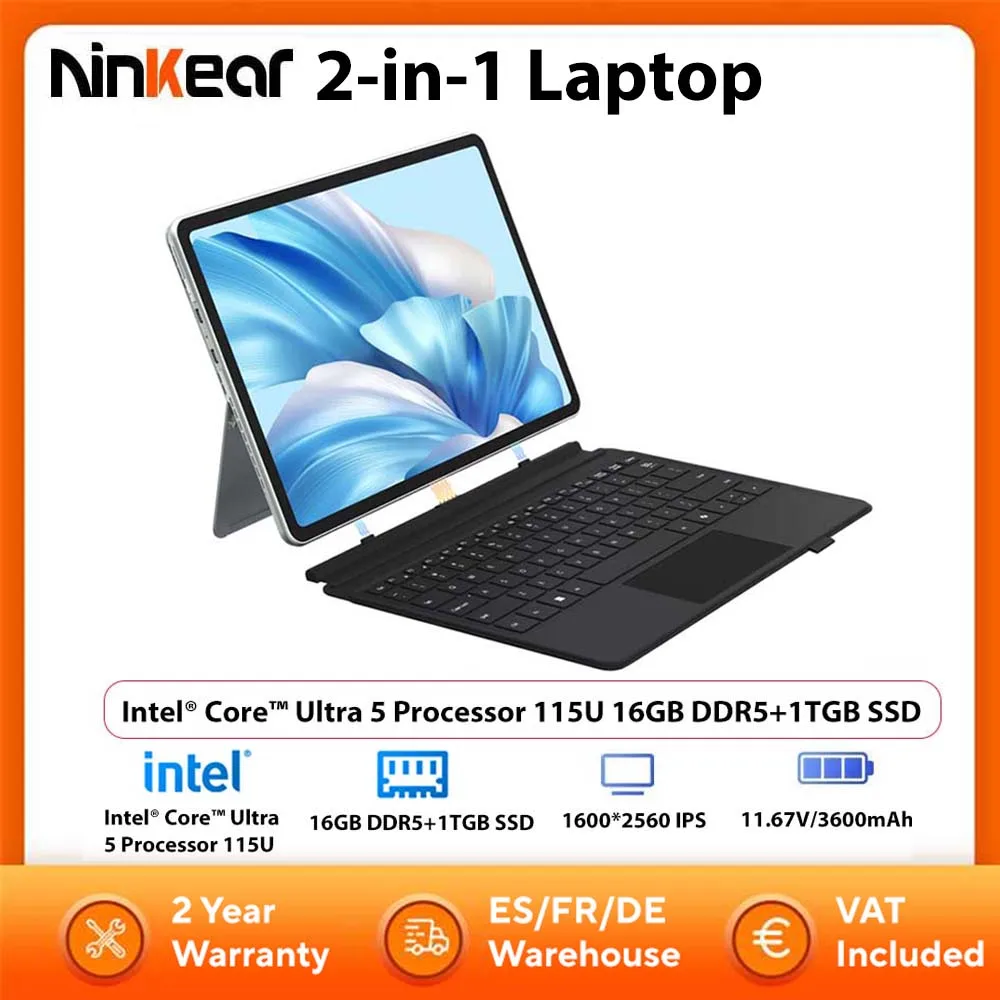 Ninkear S13 Laptop Tablet 2-w-1 Intel ®   Jadro ™   Procesor Ultra 5 115U, 16 GB DDR5 + 1 TB SSD, 13-calowy ekran FHD 1600*2560 IPS 60 Hz, Wi-Fi 6, laptop PC