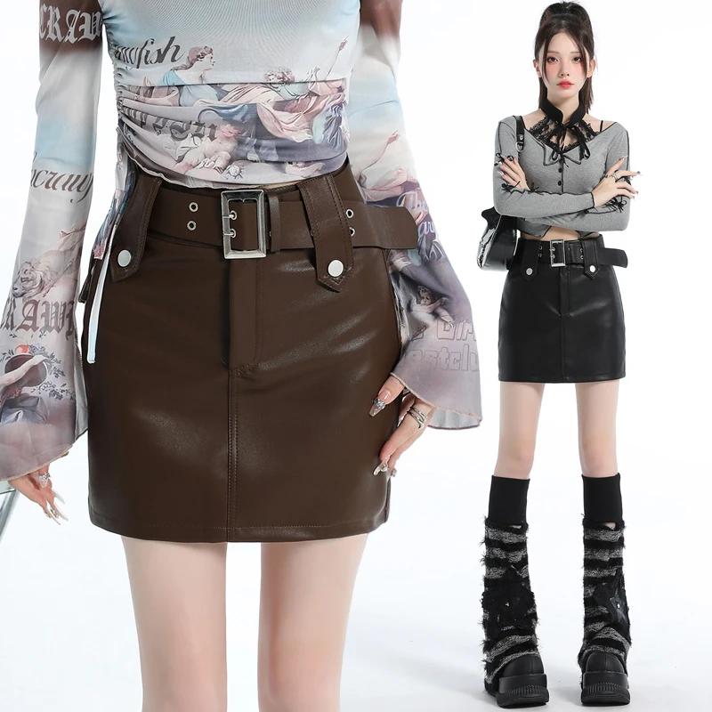 High Waist A-line Mini Skirt with Belt Gothic Fashion Black PU Leather Skirt Women Autumn