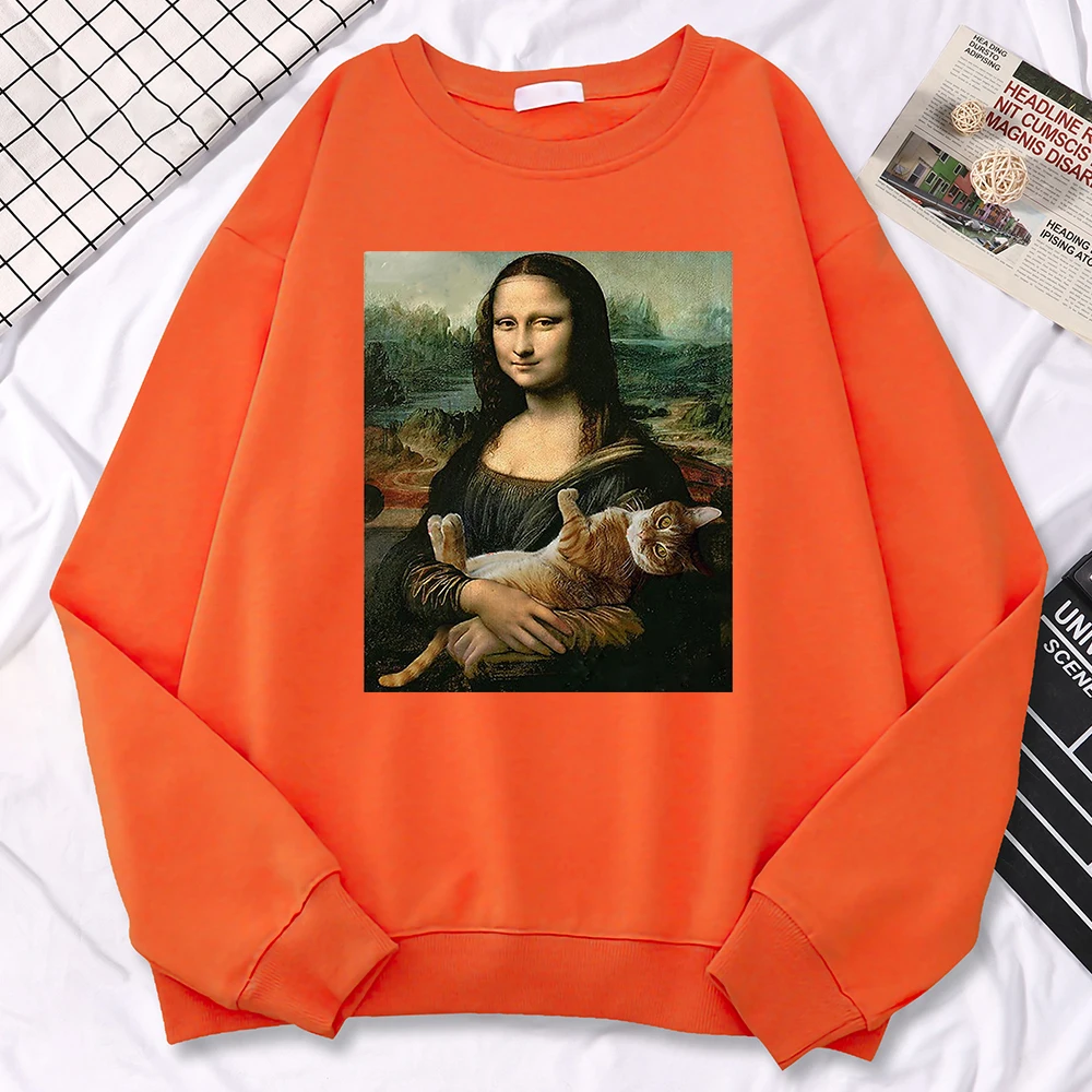 Trend Simple Woman Sweatshirt Famous Painting Mona Lisa Hold Cat Creativity Print Hoodies Fleece Soft Pullovers Loose Warm Tops