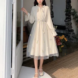 2023 Autumn New Waist Slim Mesh Spliced Long Sleeved Dress Women's Printed Ruffled Neck Ruffles Bow Korean Gentle A-line Dresses