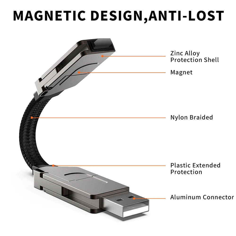 Multi Charging Cable Short for Travel Portable Magnetic Keyring 4 in 1 Fast Charger Cord PD 60W USB A/C to Type C for Phone Pads