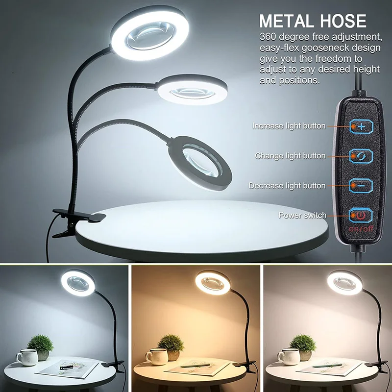 Flexible Desk Lamp LED Illuminated 5X Magnifying 3 Colors LED Magnifying Glass for Soldering Iron Repair/Craft /Hobby /Nail