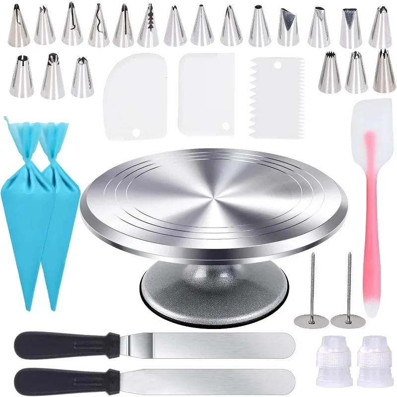 

Cake Decorating Supplies Kit, 33 pcs Rotating Aluminium Cake Stand Set, Baking Tools with 20 Icing T