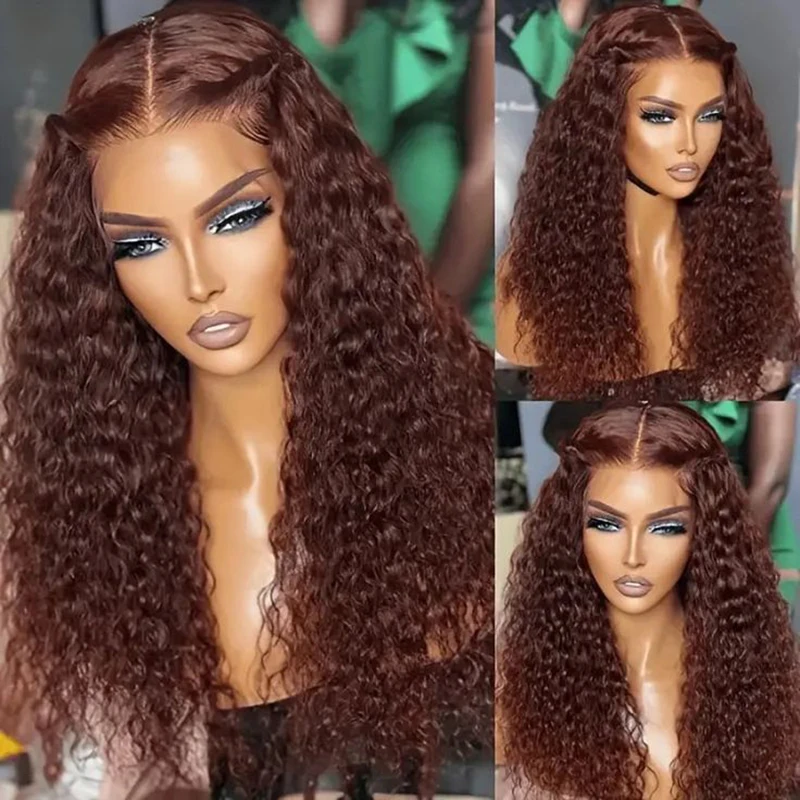 Wig keriting Kinky warna coklat kemerahan 13x4 Wig depan renda sintetis untuk wanita Wig Frontal merah tembaga gelombang dalam telah ditanami