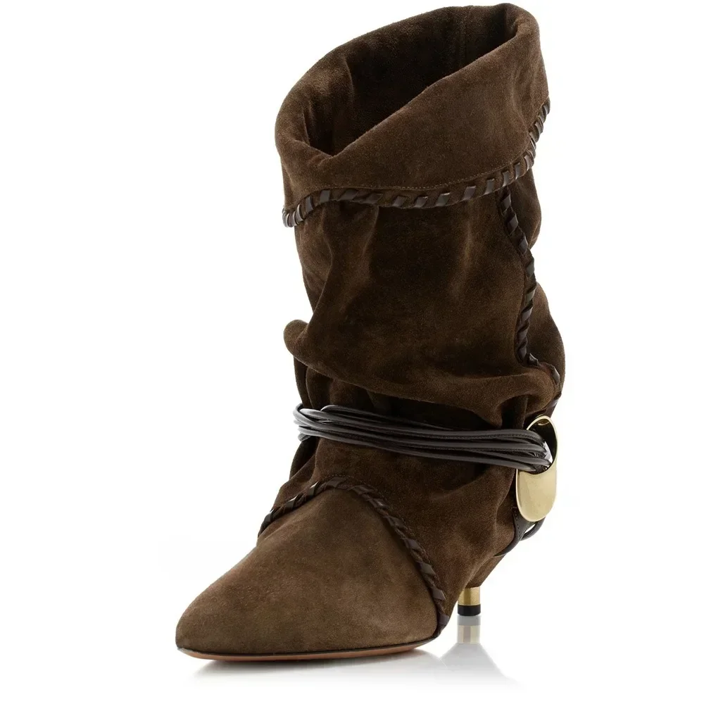 Autumn and Winter New Women\'s Thin Heel Short Boots Fashion Pointed Wide Tube Low Heel Wrinkled Women\'s 34-44 Large Ankle Boots