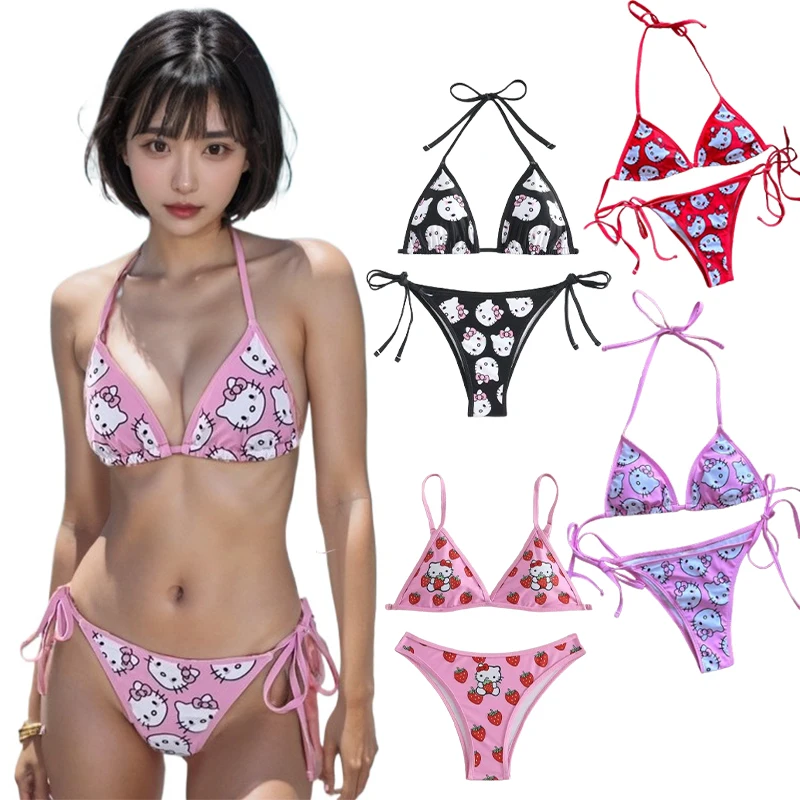 Sanrio Hello Kitty Women Bikini Set Anime Sexy Swimsuit Two Pieces Swimwear Beachwear Bathing Suit Female Erotic Lingerie Gift