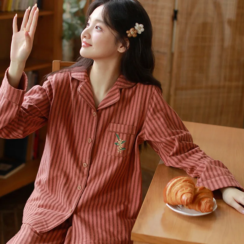 

Spring Autumn New Women's Pajamas Set 100% Cotton Brushed Sleepwear Stripend Home Clothes Embroidery Pijamas Suit Loungewear