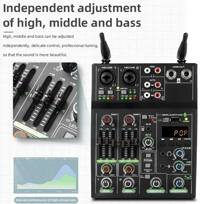 

4 Channel Audio Mixer Console One for Two Wireless Microphone Mixer Bluetooth K Song Karaoke UF4-M BT UHF New Live Recording