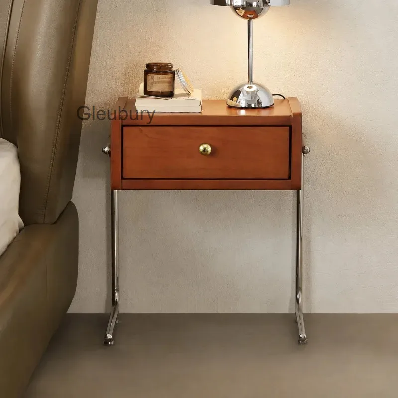 Mid‑Century Nightstand With Drawer Wood Storage Bedside Table Chrome Metal Leg Retro Side End Table For Bedroom