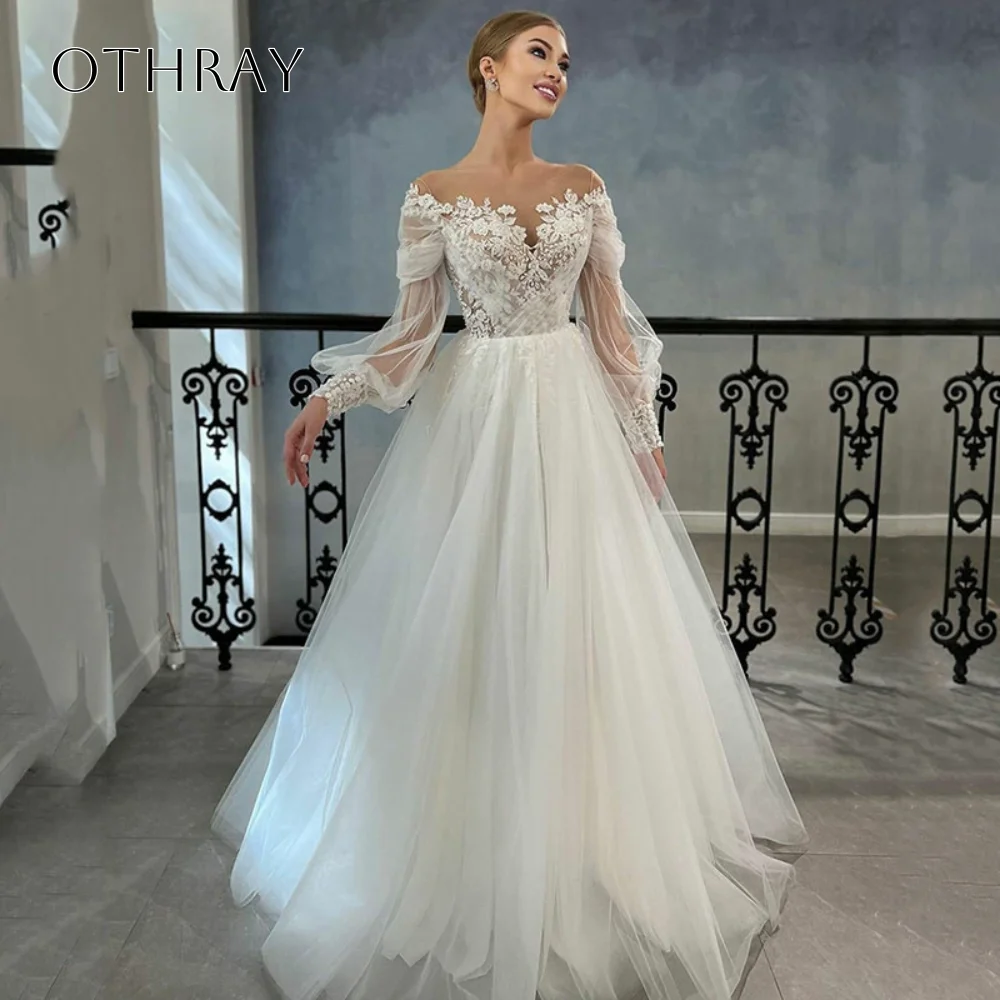 Lace A-line Bridal Gown Long Sleeves Tulle Buttons Pleated Sweep Train Customized Vestidos De Novia