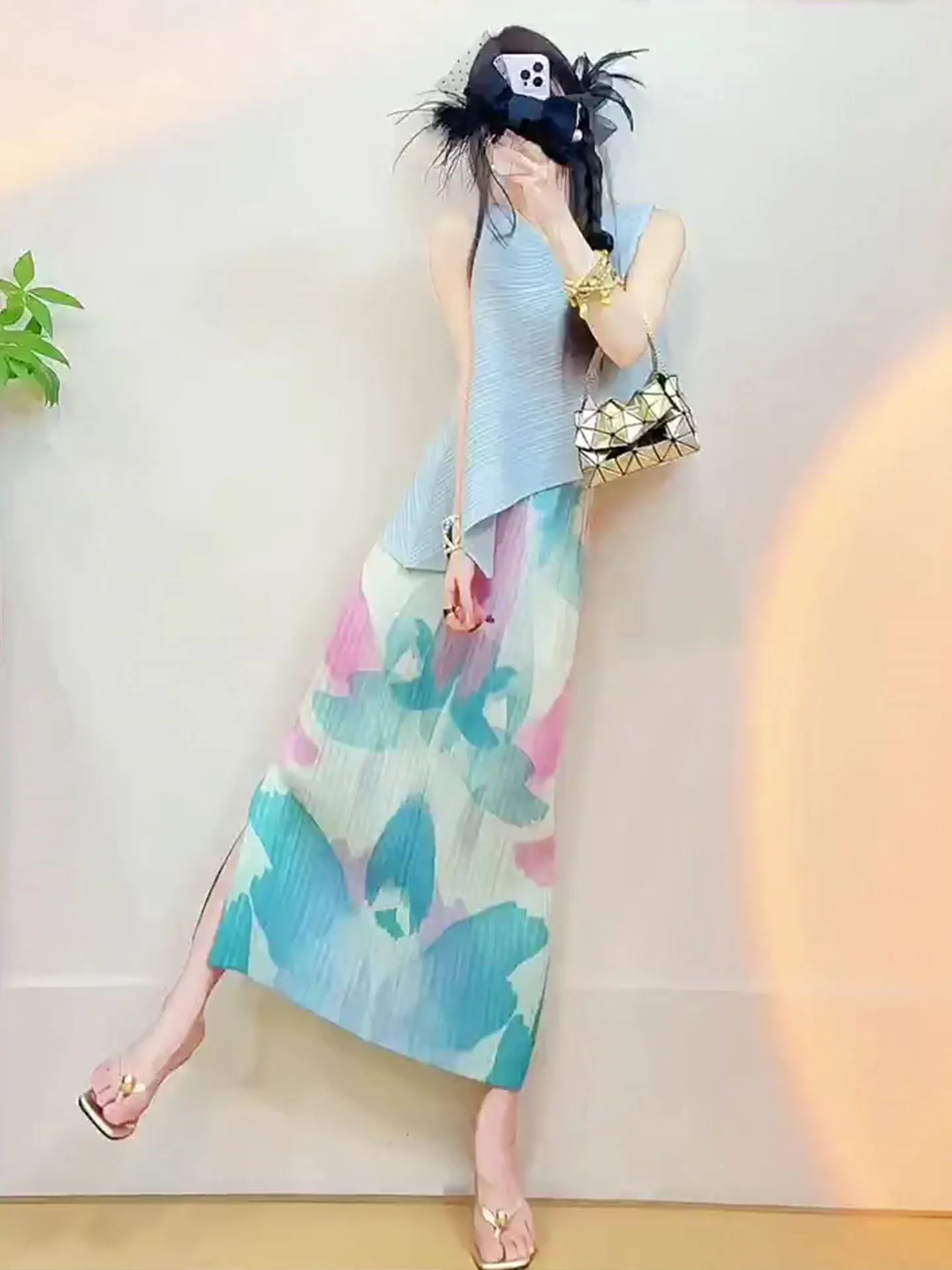 

Summer Blue Printed Asymmetrical Hem Set Casual Style Women's Fashion Ensemble Breathable Polyester Fabric round Neck