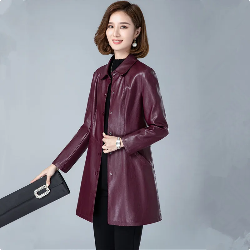 UHYTGF Quality Sheepskin Autumn Leather Jacket Women Mid-Length 5XL Loose Size Coat Elegant Female Leather Trench Outerwear 2345