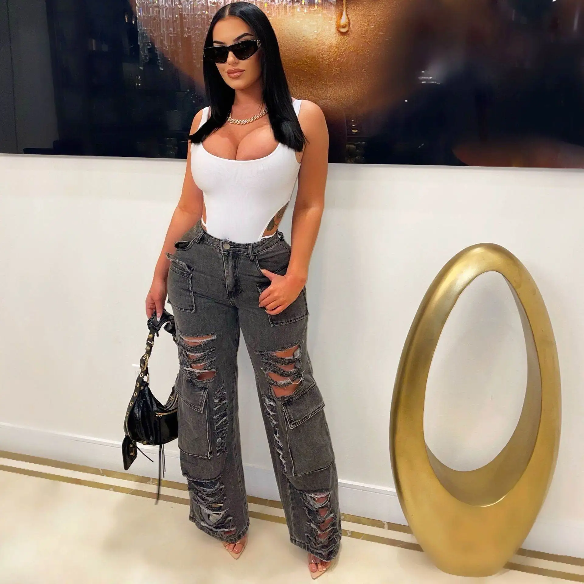 

Рваные джинсы для женщин: эластичные, модные, повседневные брюки премиум-класса, осень 2024