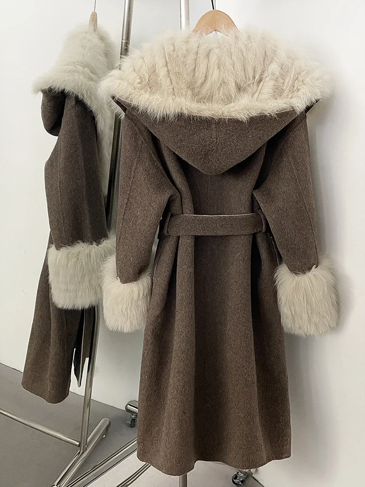 

New Female New Autumn Winter Real Fox Fur Top Women Thick Warm Natural Fur Double-sided Woolen Jacket Long Wool Coat Clothes