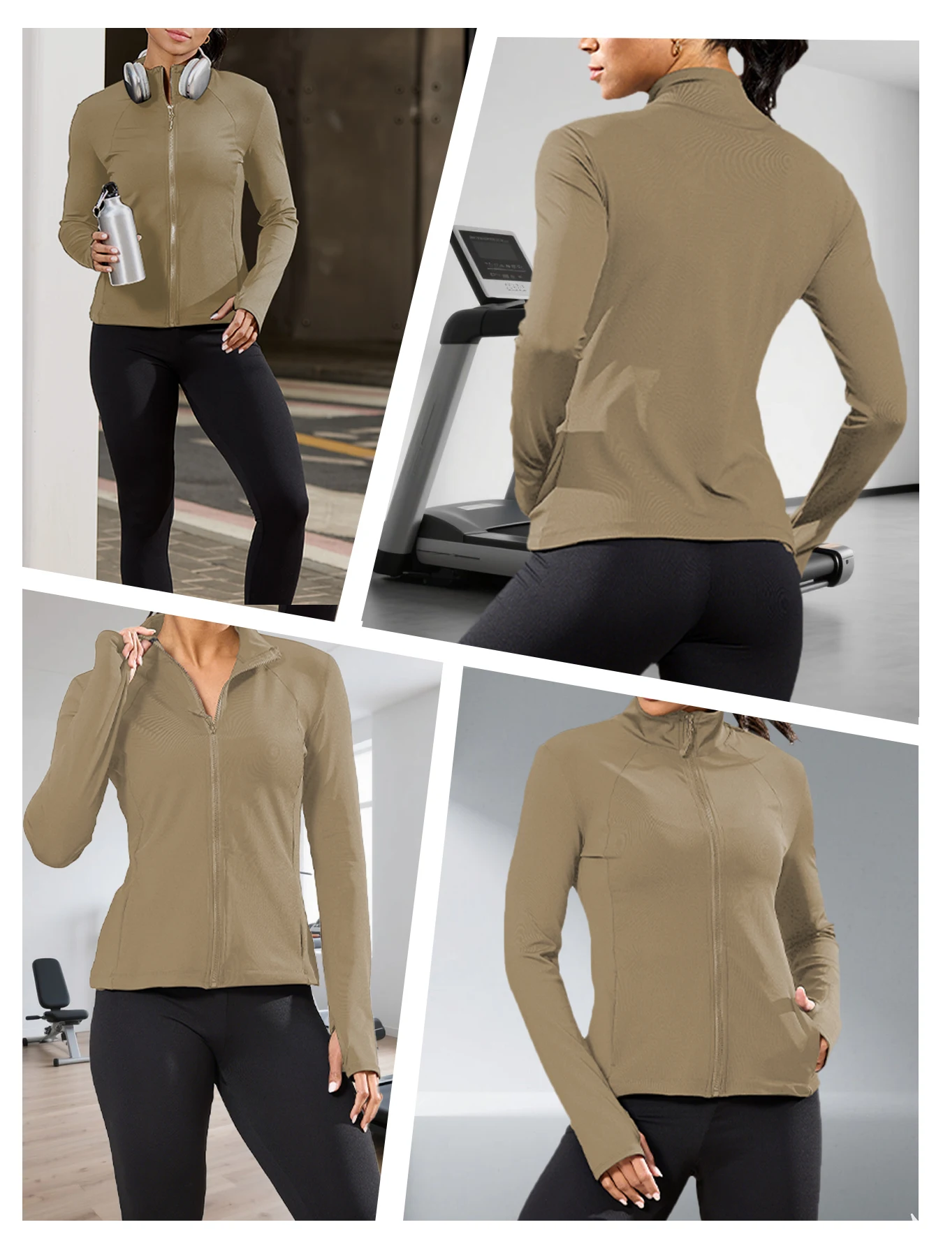 سترة يوجا نسائية بسحاب كامل مع فتحات إبهام للجري والمشي لمسافات طويلة والمزيد