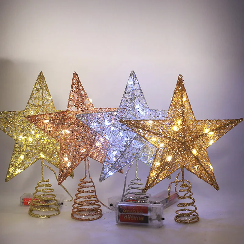 Iron Glitter Powder Christmas Tree Topper Star with LED Copper Wire Lights Merry Christmas Tree Decor for Home Navidad Ornaments