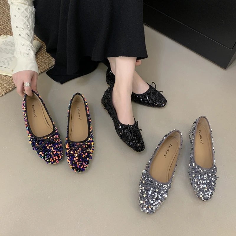 

SUOJIALUN 2025 Autumn New Brand Women Flat Shoes Fashion Bling Bead Ladies Elegant Boat Shoes Round Toe Shallow Dress Single Sho