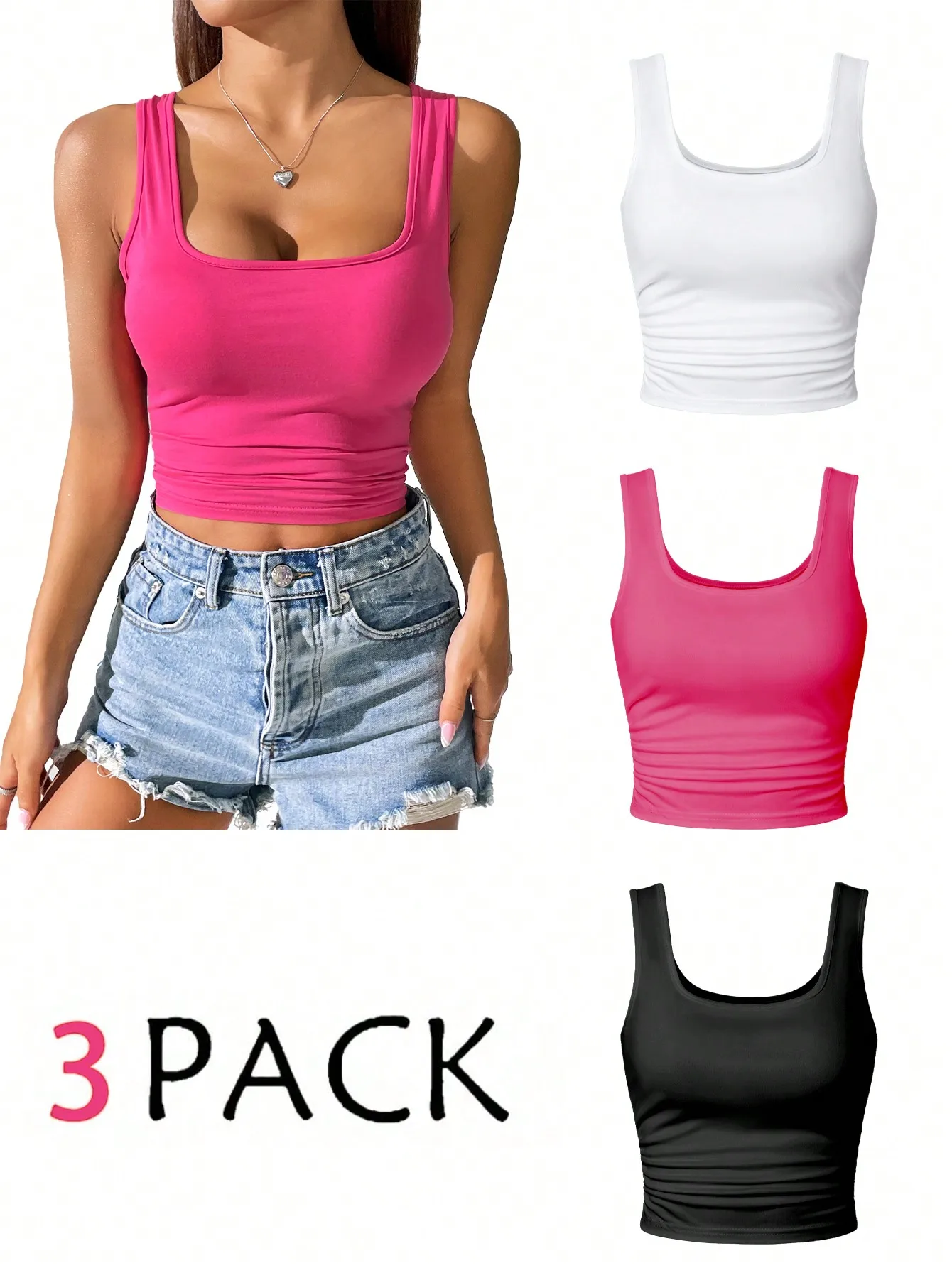 

Women's Fashion Square Collar Slim Fit Versatile Tank Top 3-Piece Set