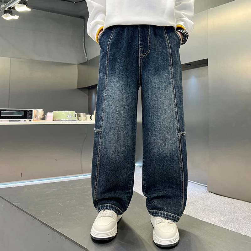 Children Vintage Dark Blue Straight Leg Jeans Pants for Teens Boy Fashion Casual Denim Trousers for School Kids 5 7 9 11 13 14 Y