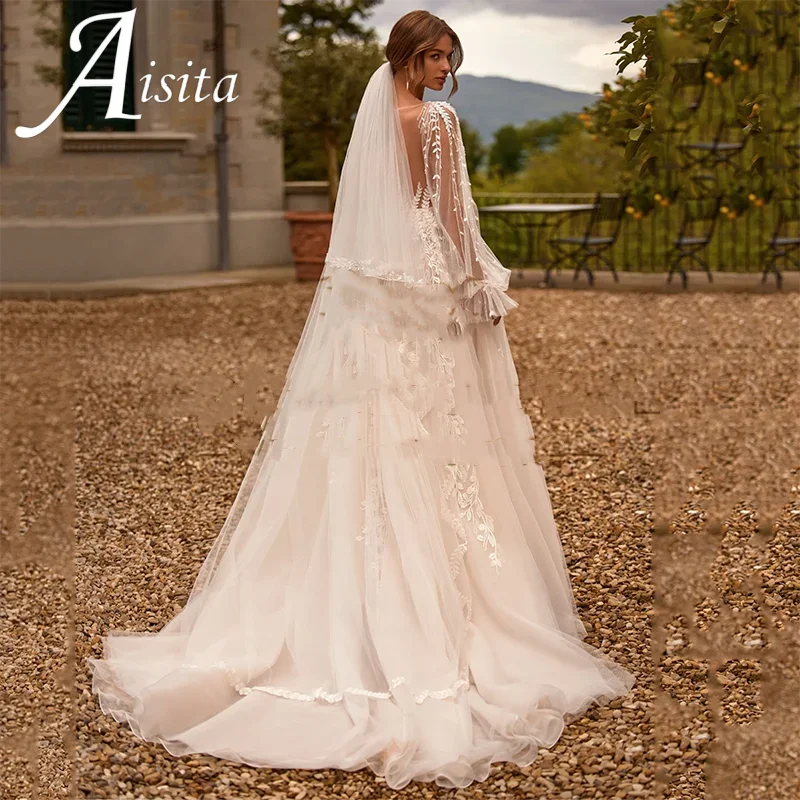 Tulle Wedding Dresses A-Line V Neck Lace Appliques Puff Sleeves Wedding Gowns Beach Bridal Prom Dress Backless Customized