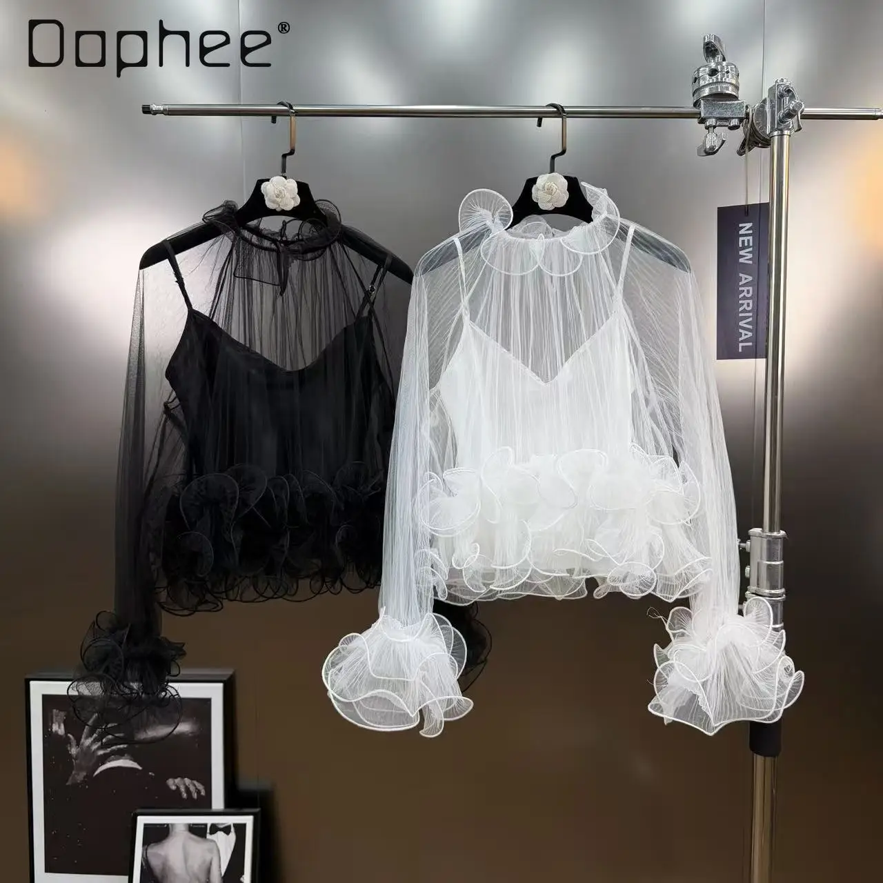 

Spicy Girl Style V-Neck Long Sleeve Mesh Blouse Women Korea Ruffled Lace-Up Lace Top Sexy Shirt Camisole Two-Piece Set Female