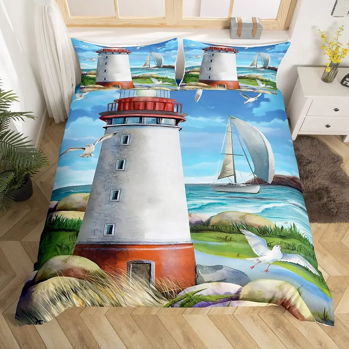 Nautical Anchor Duvet Cover Set Vintage Sail Boat Lighthouse Bedding Set Conch Starfish Seashell Ocean Wave Comforter Cover King