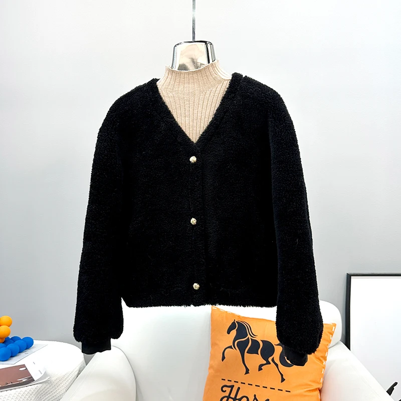 

2023 New Women Sheep Shearing Short Winter Coat Lady Young Real Wool V-neck Slim Warm Jacket JT3504