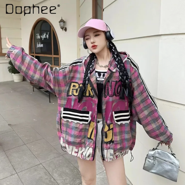 

Cartoon Plaid Hooded Jacket Women 2025 Autumn New Loose Mid-Length Color Block Sun Protection Jacket Women's Fashion Hoodies