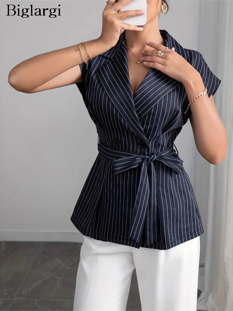 

Summer Sleeveless Blazer Suit Tops Women Striped Print Fashion Tailored Collar Ladies Blouses Slim Waist Woman Tops