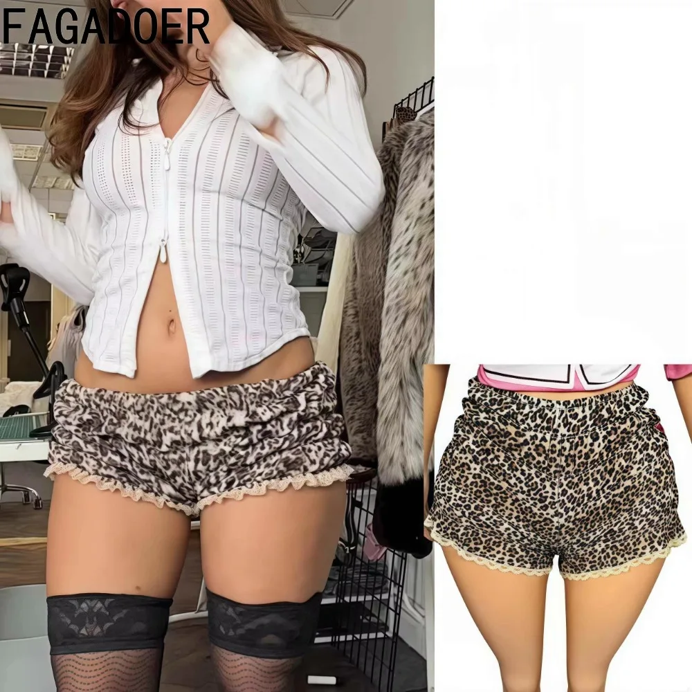 

FAGADOER Leopard Print Shorts Women Y2K Streetwear Low Waist Lace Ruffle Patchwork Elasticity Short Hot Girl Bottoms 2025 New