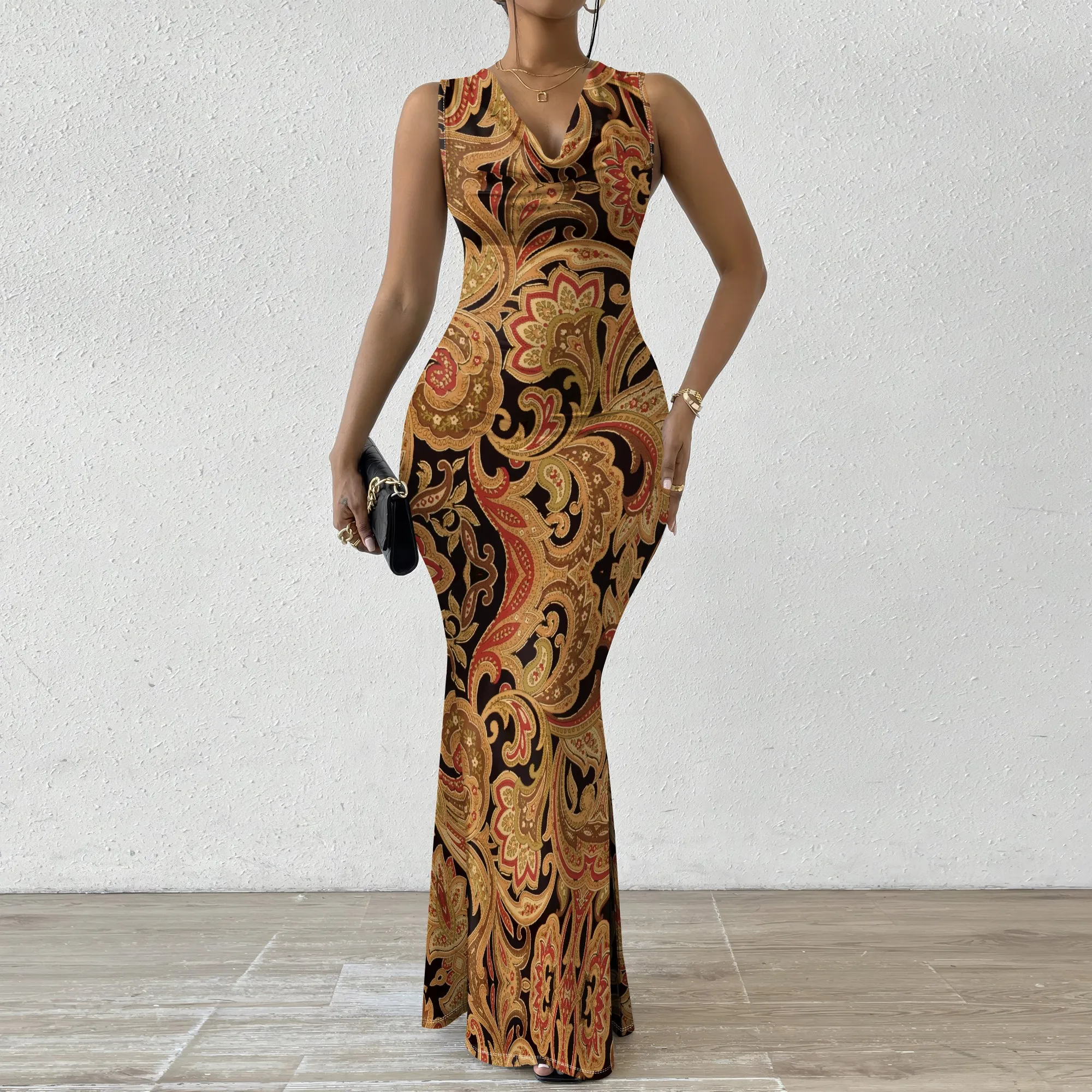 

Elegant Baroque Print Bodycon Maxi Dress Women's Sleeveless Evening Gown XS-2XL for Cocktail Party or Holiday 2025 New Arrival