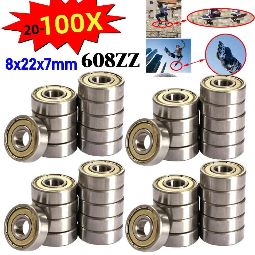 20–100 Stück doppelt abgeschirmtes Miniatur-Rillenkugellager aus Kohlenstoffstahl mit hoher Kohlenstoffgehalt, einreihig, 608ZZ, ABEC-7, 8 x 22 x 7 mm, 608 ZZ