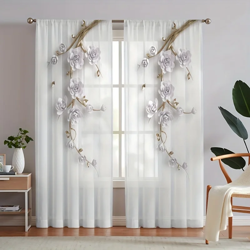 

2pcs Flower Printed Yarn Curtain, Rod Pocket Window Treatment For Bedroom Office Kitchen Living Room Study Home Decor