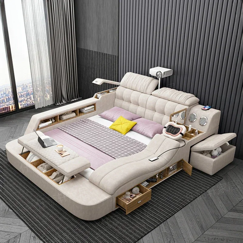 Nordic Smart Aesthetic Double Bed   Luxury Frames Double Bed Multifunctional Leather Camas Matrimonial Furniture