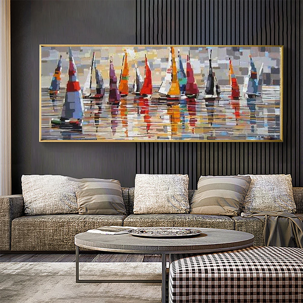 

Hand Painted Abstract Landscape Oil Painting, Large Canvas Wall Art, Color Sailing Boat Oil Paintings, Artwork, Home Decoration