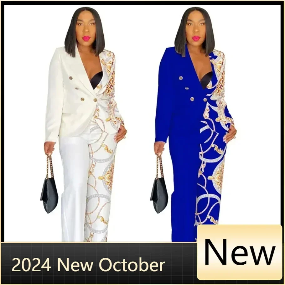 

Customized Print Women Set Fashion Button Front Blazer and Wide Leg Pants Suit Autumn Winter Two 2 Piece Set Outfit Business Off
