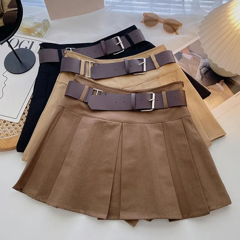 Fashion Belt Women Pleated Skirts High Waist Shorts Mini Skirt Buttons Female Korean All Match Skirt New